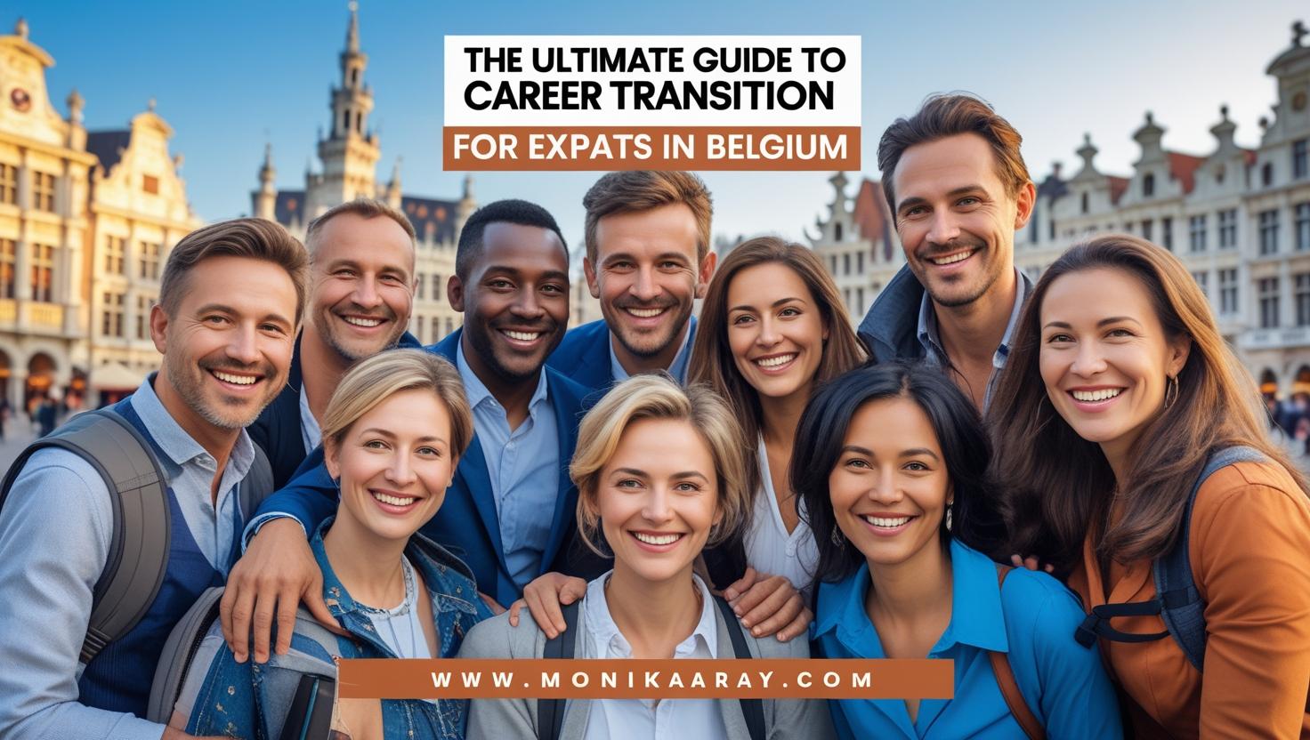 Group of diverse expats smiling in Brussels, with the Grand-Place in the background, promoting the e-book 