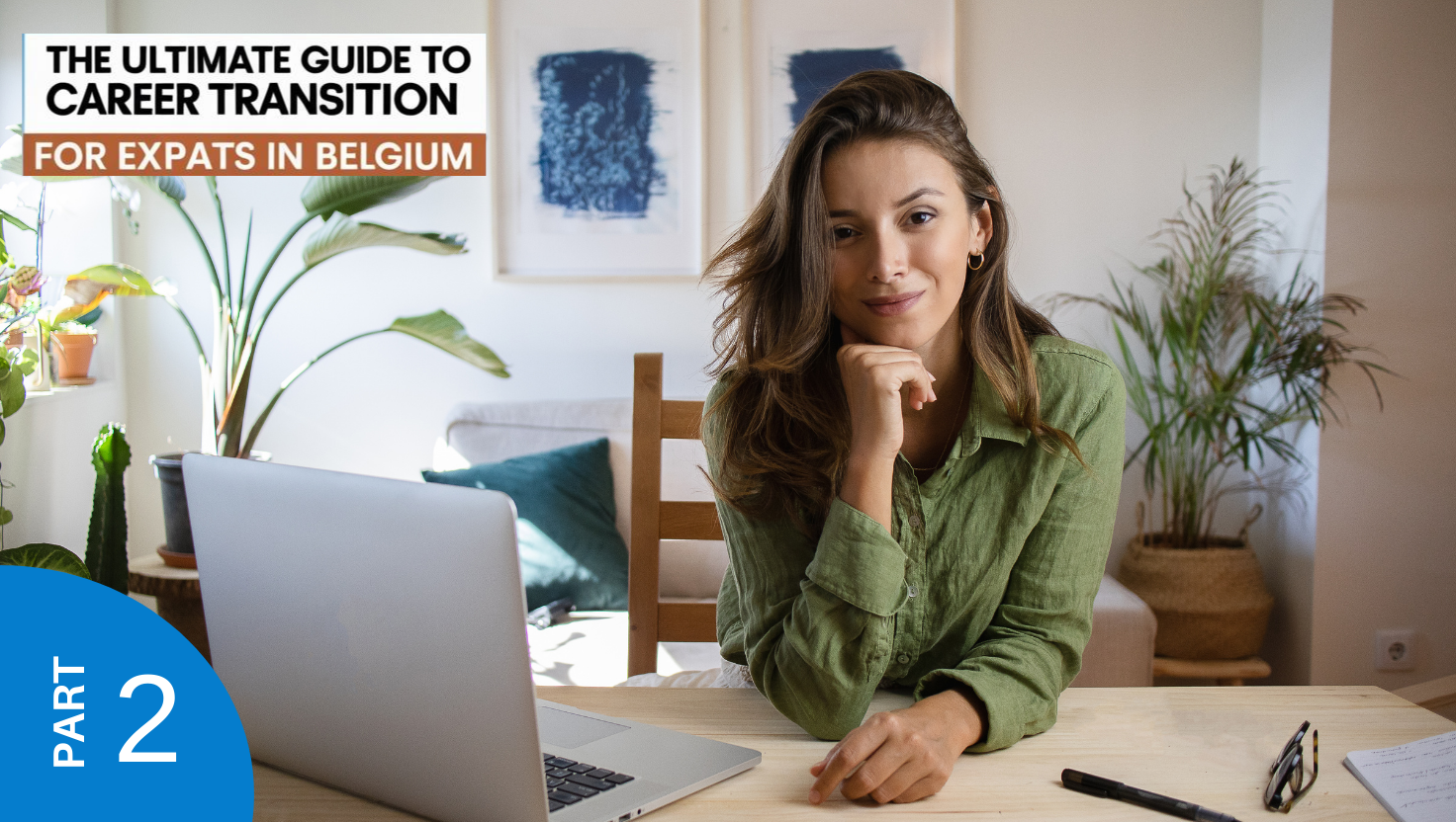 A friendly female career coach smiles directly at the viewer in a well-lit home office, with a laptop open and a notebook ready. The image is branded with 